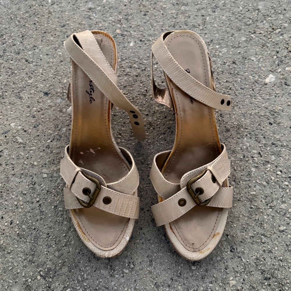 y2k‎ buckle Beige Cork Platform Block Heel Sandals Womens 11 Snake Textured